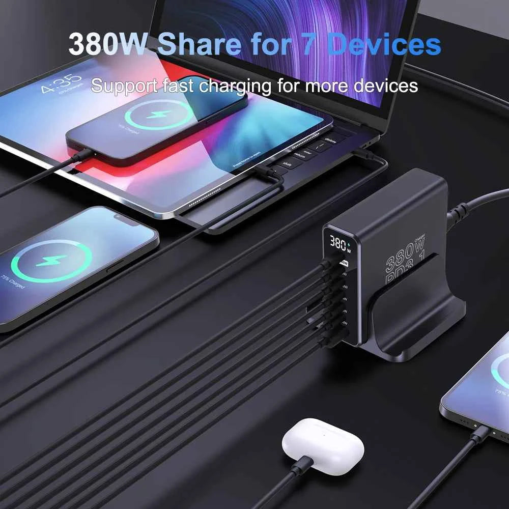 Ubigbuy 380W GaN USB C Charger PD 3.1 140W 100W PPS 45W Fast Charging Station LCD Display for iPhone 15 Samsung MacBook Pro/Air