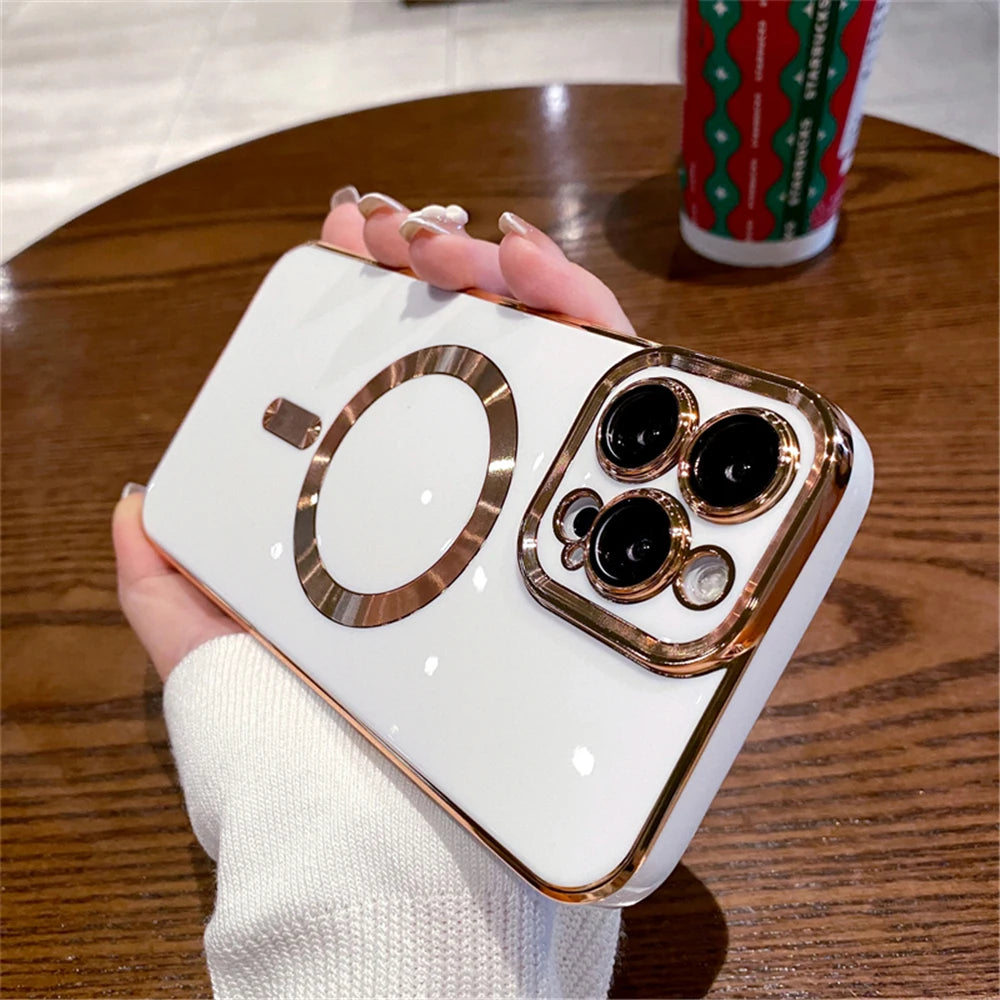 Luxury Plating Solid Color Magnetic Wireless Charge Case For iPhone 11 12 13 14 15 16 17 Air Pro Max Plus Shockproof Soft Cover