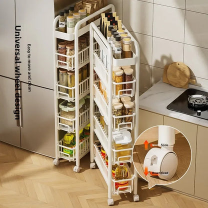Side of Refrigerator Storage Rack Ultra Narrow Pull-out Seasoning Rack Multifunctional Bathroom Shelf with Pulley Kitchen Cart