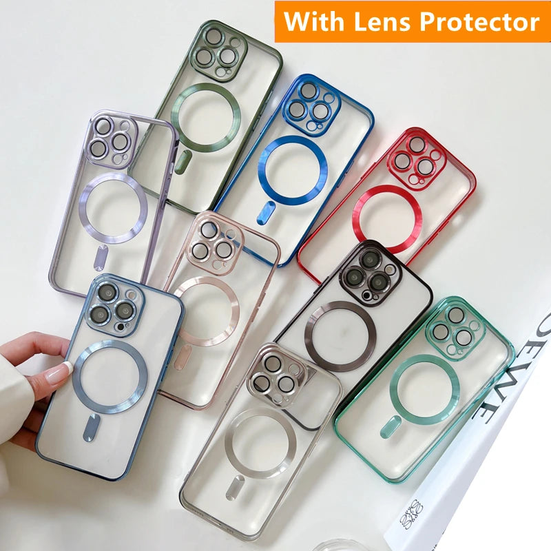 Transparent Magnetic Wireless Charging Case For Magsafe For iPhone 16 15 14 Plus 13 12 11 Pro Max Plating Soft Silicone Cover