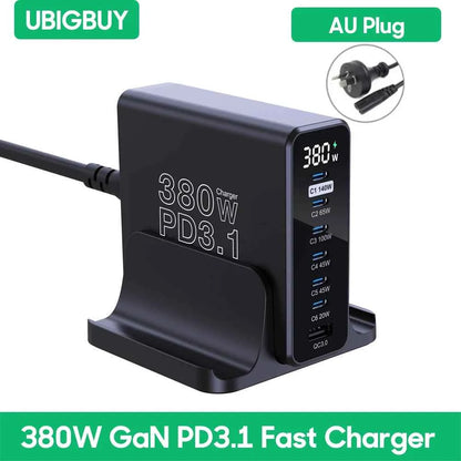 Ubigbuy 380W GaN USB C Charger PD 3.1 140W 100W PPS 45W Fast Charging Station LCD Display for iPhone 15 Samsung MacBook Pro/Air