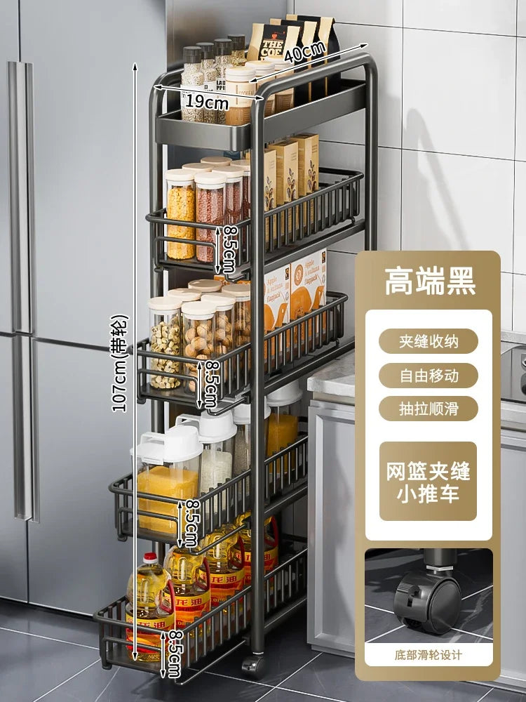 Side of Refrigerator Storage Rack Ultra Narrow Pull-out Seasoning Rack Multifunctional Bathroom Shelf with Pulley Kitchen Cart