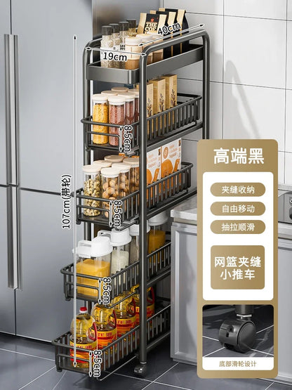 Side of Refrigerator Storage Rack Ultra Narrow Pull-out Seasoning Rack Multifunctional Bathroom Shelf with Pulley Kitchen Cart
