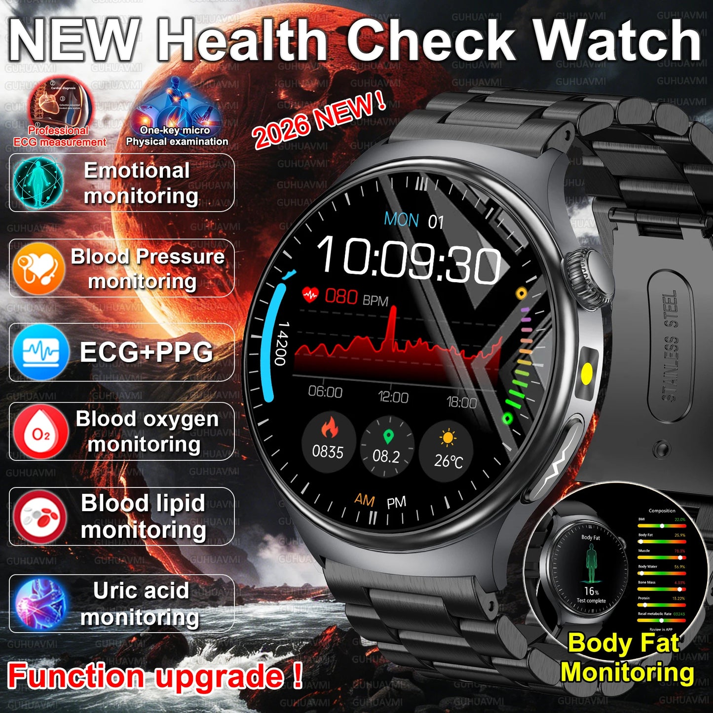 2026 New upgrade Health Check Smart Watch ECG Blood Lipid Uric Acid Body Fat BP Sport Waterproof HD Call Smart Watch Man Women