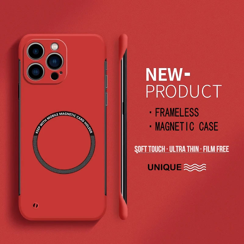 Ultra-thin hard PC magnetic frameless MagSafe case in matte red for iPhone 15/14 Pro Max/13/12 Mini/11 Pro Max
