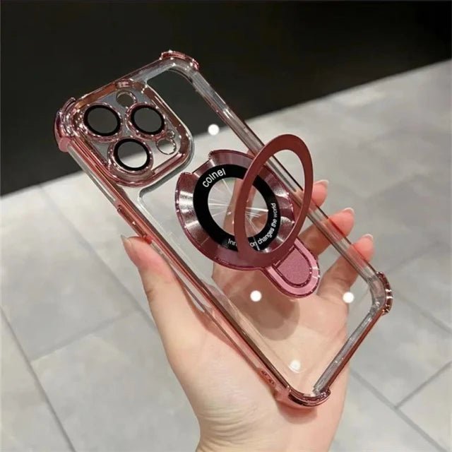 For iPhone 16 Pro Max Luxury Transparent Holder Stand Plating Frame Phone Case For iPhone 13 14 15 Plus 17 Air Protective Cover