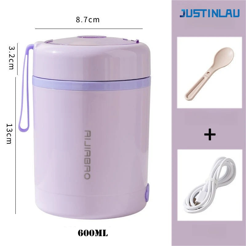 JUSTINLAU 600ML USB Electric Heating Lunch Box 304 Stainless Steel+PP Portable Food Warmer with Spoon for Working&camping Use
