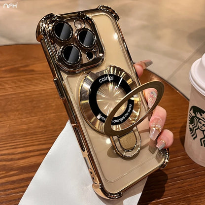 For iPhone 16 Pro Max Luxury Transparent Holder Stand Plating Frame Phone Case For iPhone 13 14 15 Plus 17 Air Protective Cover