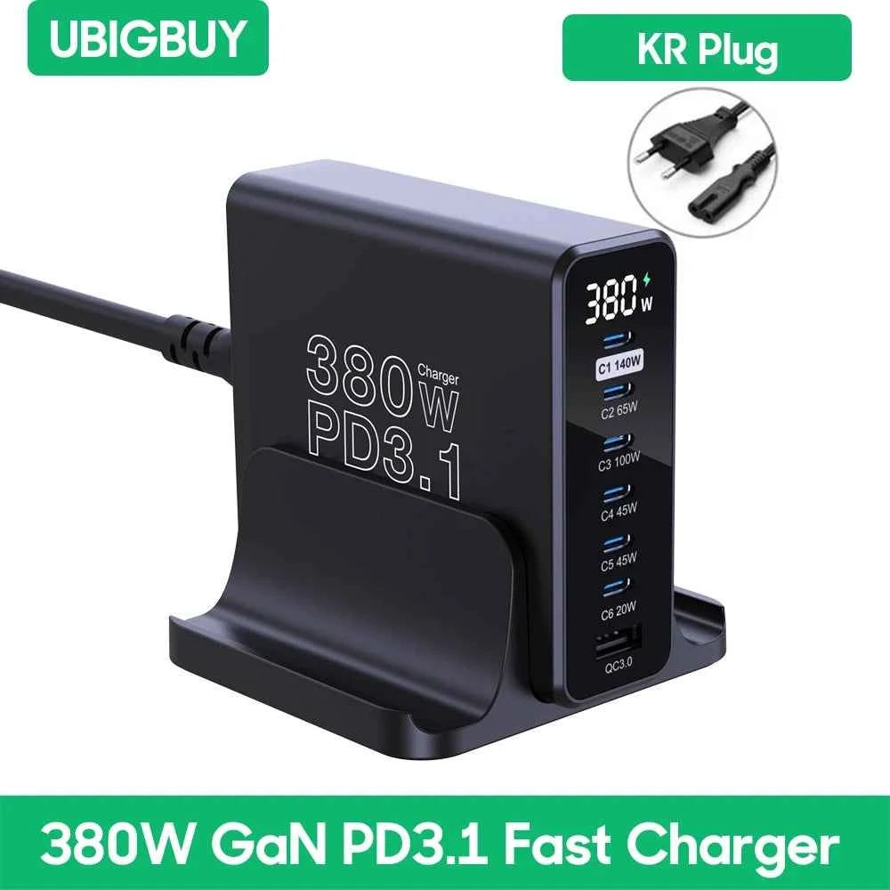 Ubigbuy 380W GaN USB C Charger PD 3.1 140W 100W PPS 45W Fast Charging Station LCD Display for iPhone 15 Samsung MacBook Pro/Air