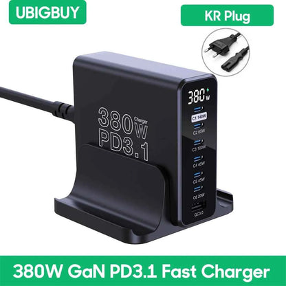 Ubigbuy 380W GaN USB C Charger PD 3.1 140W 100W PPS 45W Fast Charging Station LCD Display for iPhone 15 Samsung MacBook Pro/Air