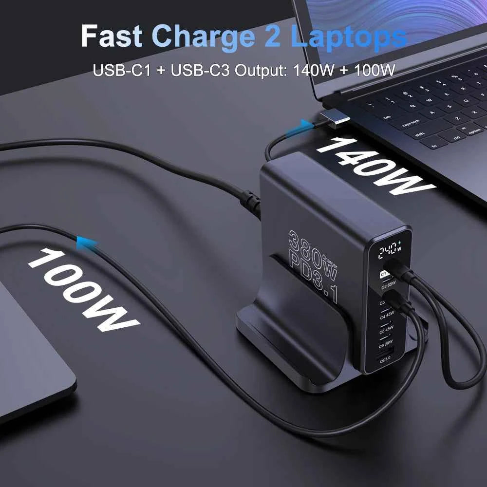 Ubigbuy 380W GaN USB C Charger PD 3.1 140W 100W PPS 45W Fast Charging Station LCD Display for iPhone 15 Samsung MacBook Pro/Air