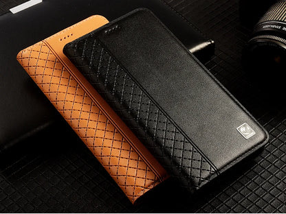 For OnePlus Nord 5 CE5 5G Flip Case Grid Pattern Magnetic Cover Luxury Cowhide Genuine Leather Card Pocket Wallet Cases Covers