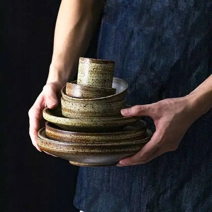 Retro Handmade Stoneware Rice Soup Bowl Tea Cup Round Steak Salad Dinner Plate Dishes Home Dining Dish Japanese Tableware Set