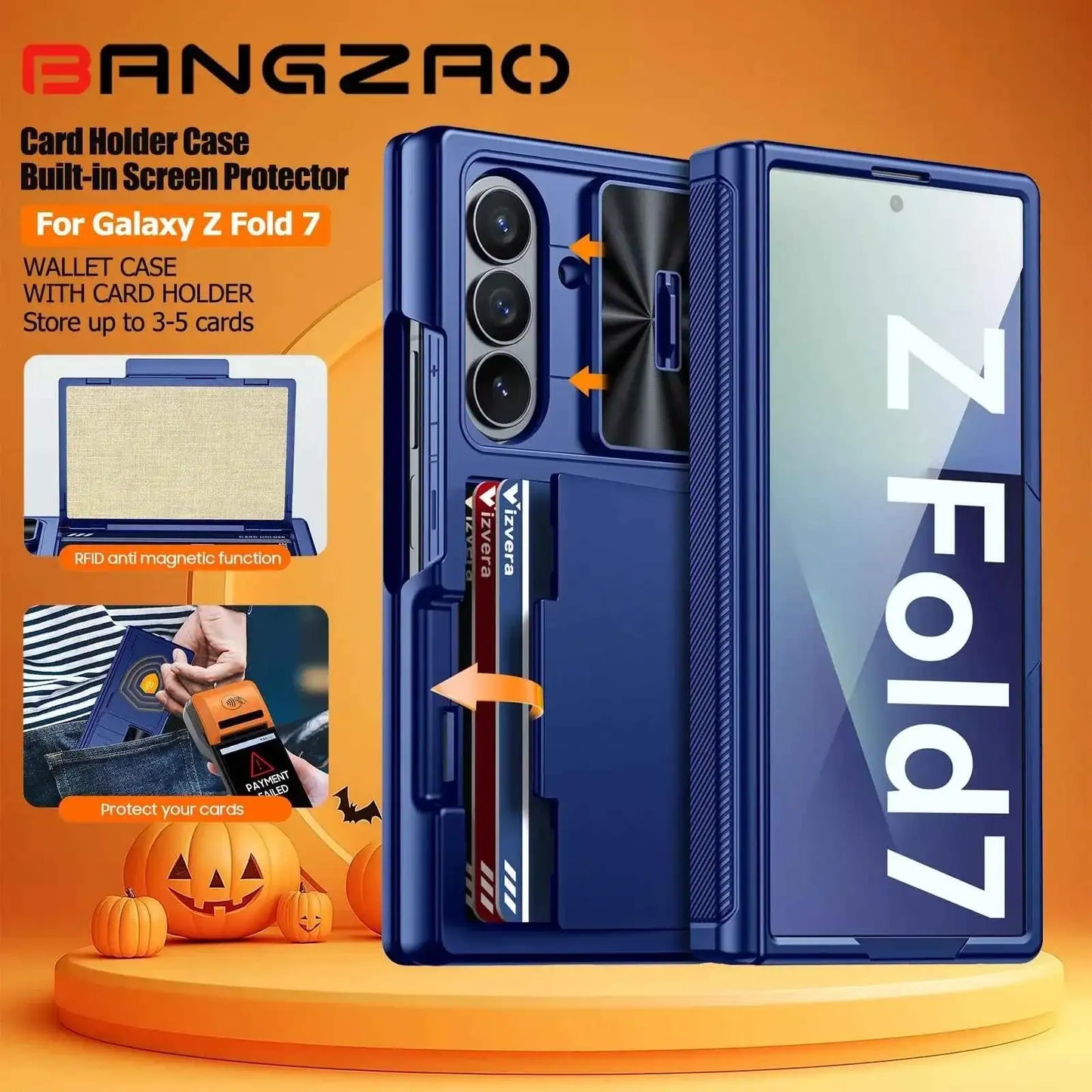 Halloween Gifts for Galaxy Z Fold 7 RFID Wallet with Cards Holder,Hinge Cover,Camera Cover,Shockproof Silicone Phone Case-Blue
