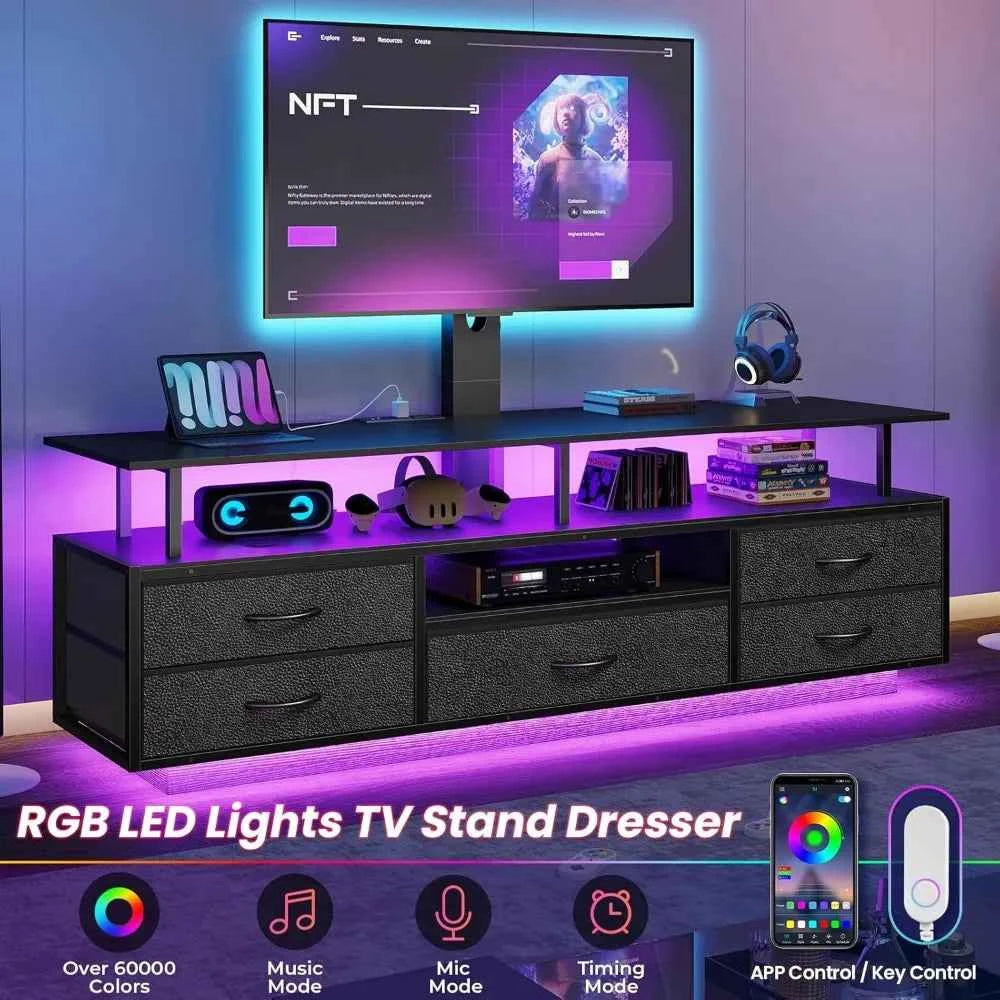 TV Stand with Mount for 32/55/65/70 inch TVs, 51.2 LED TV Stand with Power Outlets & Storage, Entertainment Center with S