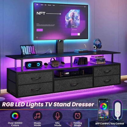 TV Stand with Mount for 32/55/65/70 inch TVs, 51.2 LED TV Stand with Power Outlets & Storage, Entertainment Center with S