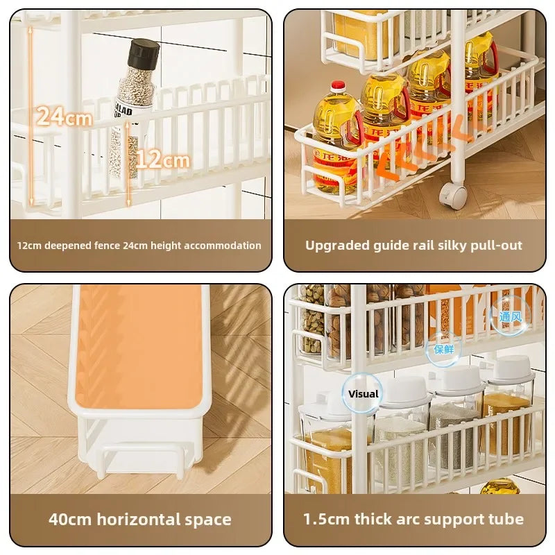 Side of Refrigerator Storage Rack Ultra Narrow Pull-out Seasoning Rack Multifunctional Bathroom Shelf with Pulley Kitchen Cart