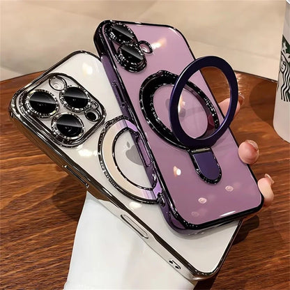 Luxury For Magsafe Bracket Case For iPhone 16 15 14 13 12 11 17 Pro Max 15 Plus Magnetic Ring Stand Holder Clear Acrylic Cover
