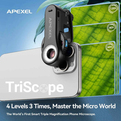 APEXEL 40X/80X/120X Microscope 3in1 Jewelry Lenses with LED Light/Universal Clip for iPhone 17/pro max 16/Android Smartphones