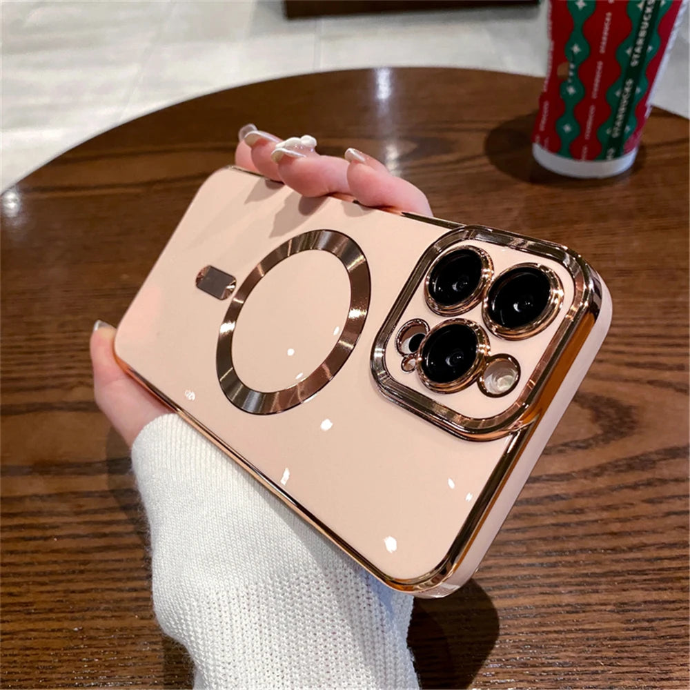 Luxury Plating Solid Color Magnetic Wireless Charge Case For iPhone 11 12 13 14 15 16 17 Air Pro Max Plus Shockproof Soft Cover