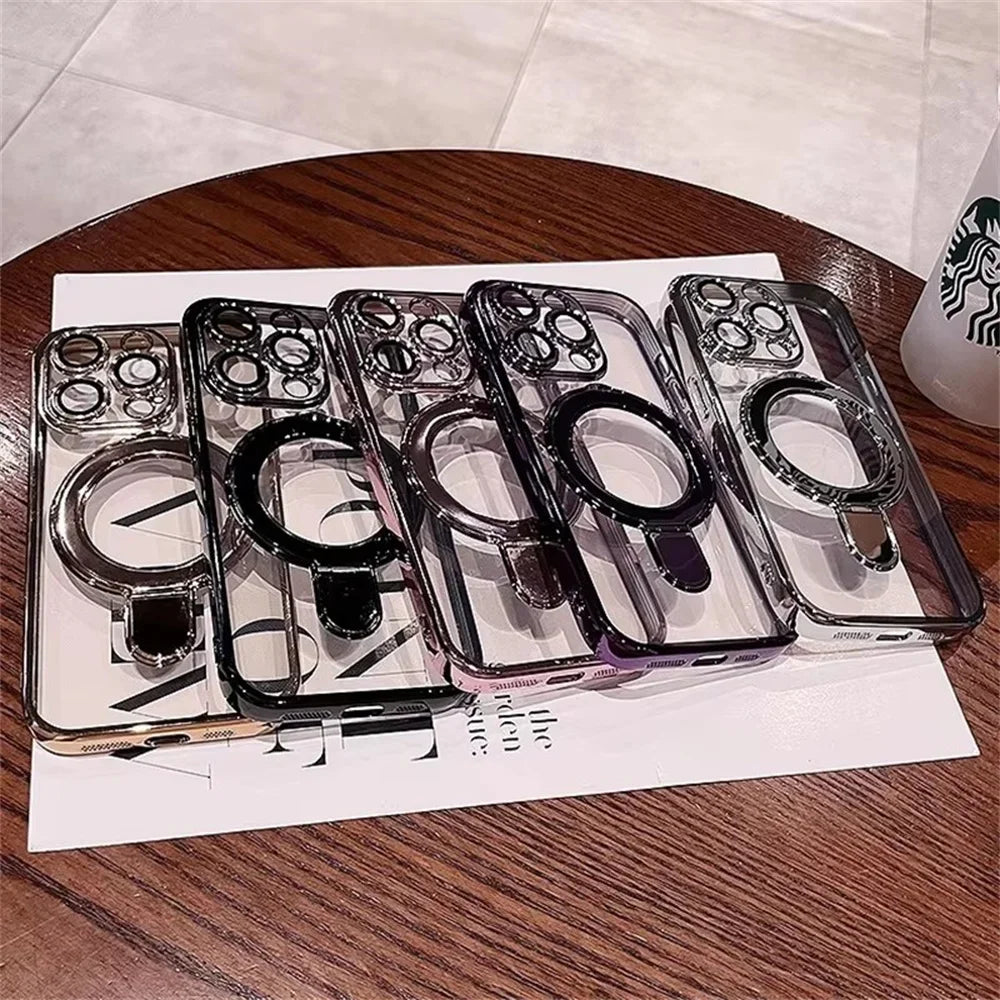 Luxury For Magsafe Bracket Case For iPhone 16 15 14 13 12 11 17 Pro Max 15 Plus Magnetic Ring Stand Holder Clear Acrylic Cover