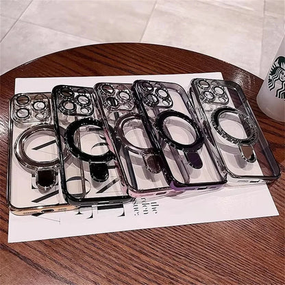 Luxury For Magsafe Bracket Case For iPhone 16 15 14 13 12 11 17 Pro Max 15 Plus Magnetic Ring Stand Holder Clear Acrylic Cover