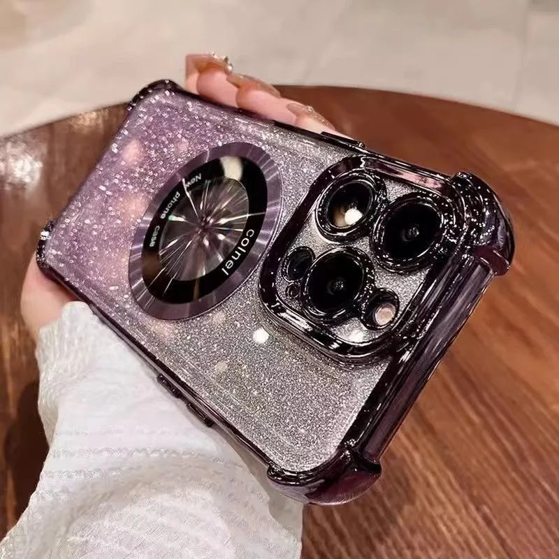 Luxury Magnetic Glitter Shockproof Case For iPhone 17 16 Pro Max 15 14 13 12 11 15 Plus Glass Lens Protection Acrylic Back Cover