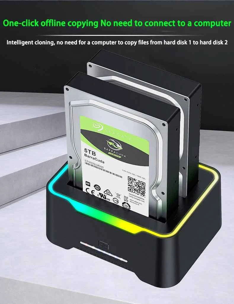 2.5 3.5 Inch Dual Disk SATA Hard Drive Dock USB3 RGB Lights USB C 3.1 12V 3A