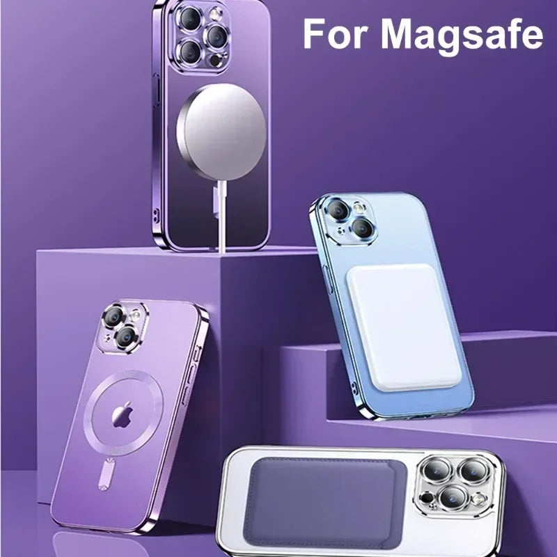 Luxury Plating Wireless Charging Case For Magsafe For iPhone 16 15 14 13 12 11 Pro Max Plus Magnetic Cover With Lens Protector
