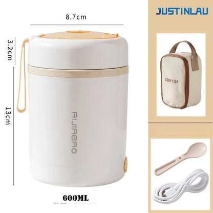 JUSTINLAU 600ML USB Electric Heating Lunch Box 304 Stainless Steel+PP Portable Food Warmer with Spoon for Working&camping Use