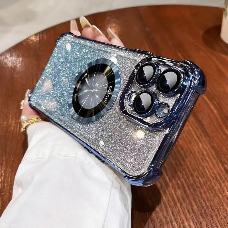 Luxury Magnetic Glitter Shockproof Case For iPhone 17 16 Pro Max 15 14 13 12 11 15 Plus Glass Lens Protection Acrylic Back Cover