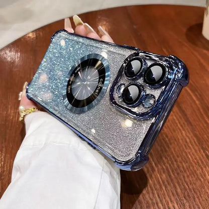 Luxury Magnetic Glitter Shockproof Case For iPhone 17 16 Pro Max 15 14 13 12 11 15 Plus Glass Lens Protection Acrylic Back Cover