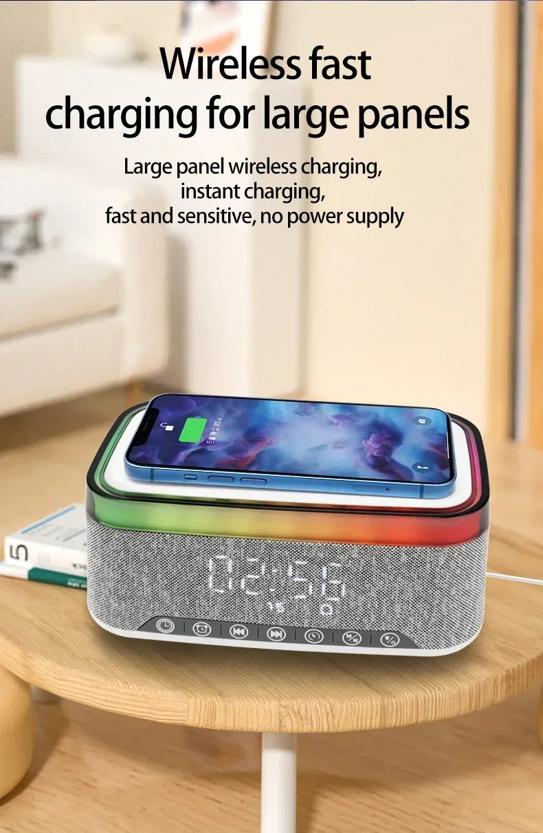 New Smart 6-in-1 Bluetooth Speaker 60W Wireless Charger Bedhead Night Light Alarm Clock LED Clock with FM Radio Music Cente