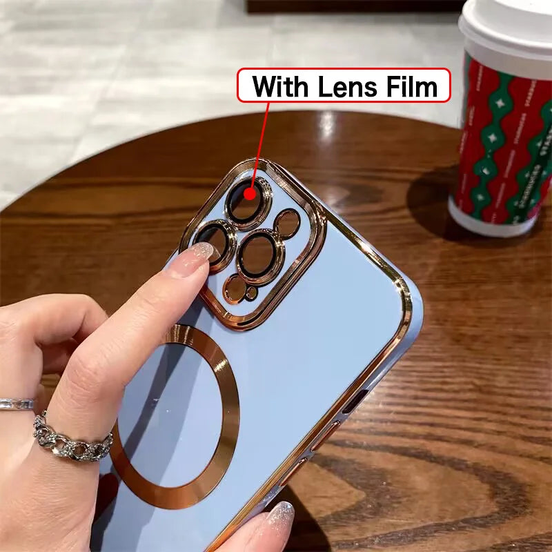 Luxury Plating Solid Color Magnetic Wireless Charge Case For iPhone 11 12 13 14 15 16 17 Air Pro Max Plus Shockproof Soft Cover