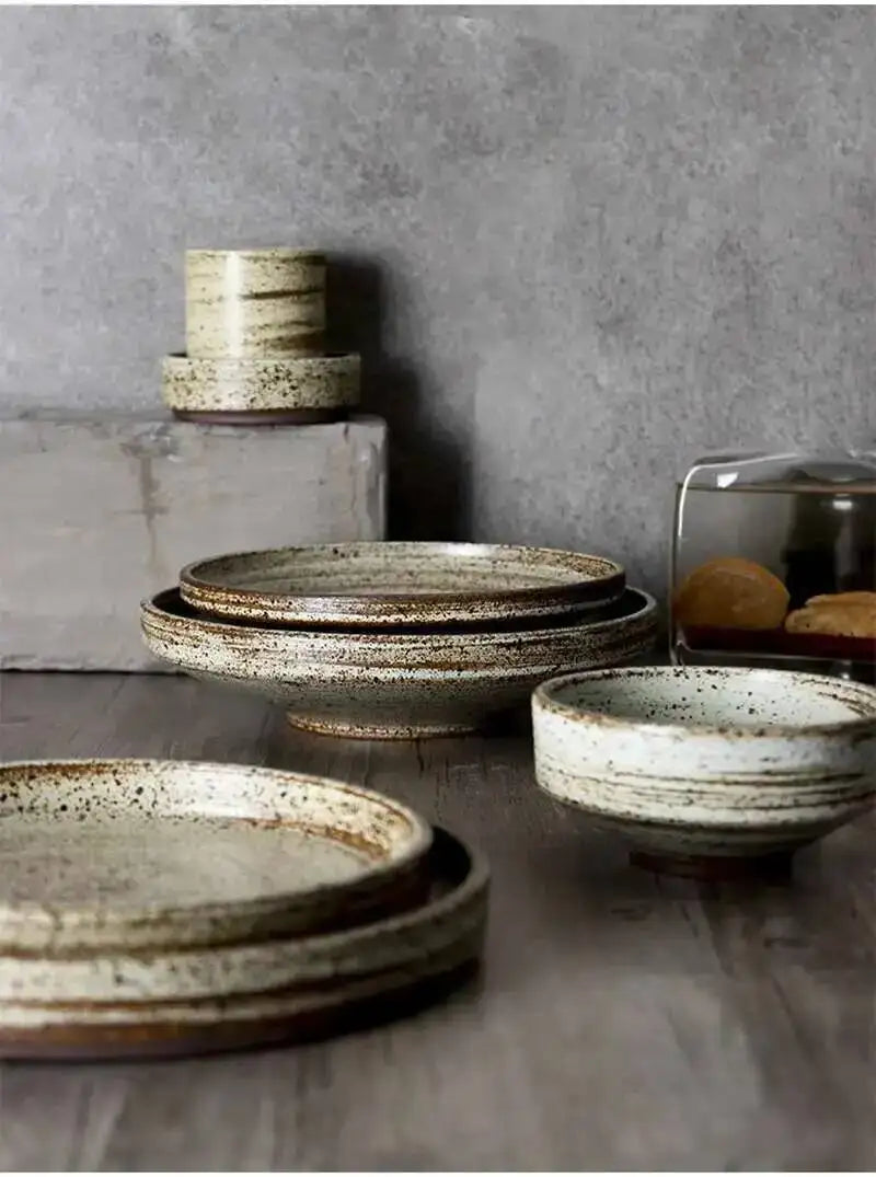 Retro Handmade Stoneware Rice Soup Bowl Tea Cup Round Steak Salad Dinner Plate Dishes Home Dining Dish Japanese Tableware Set