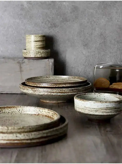 Retro Handmade Stoneware Rice Soup Bowl Tea Cup Round Steak Salad Dinner Plate Dishes Home Dining Dish Japanese Tableware Set