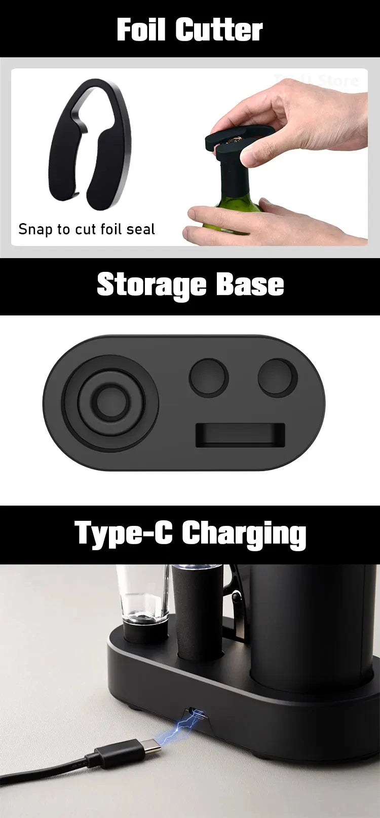 Electric Wine Bottle Opener Gifts Set Rechargeable Black Automatic Wine Opener with Led Light USB Charging Wine Corkscrew Kit