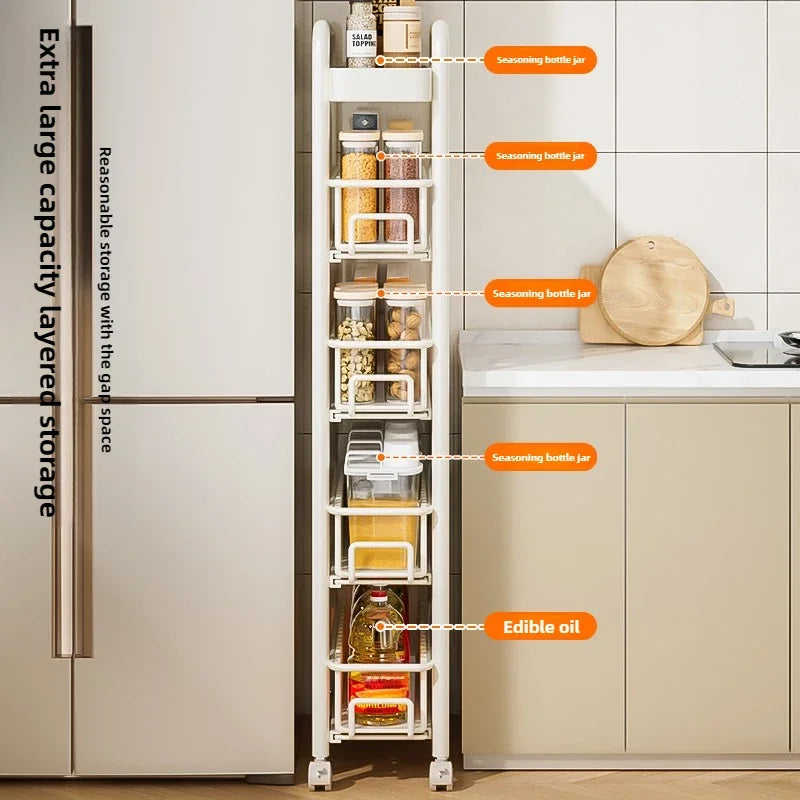 Side of Refrigerator Storage Rack Ultra Narrow Pull-out Seasoning Rack Multifunctional Bathroom Shelf with Pulley Kitchen Cart