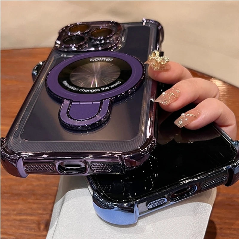 For iPhone 16 Pro Max Luxury Transparent Holder Stand Plating Frame Phone Case For iPhone 13 14 15 Plus 17 Air Protective Cover