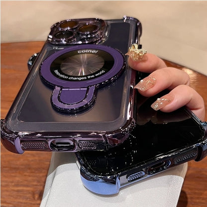 For iPhone 16 Pro Max Luxury Transparent Holder Stand Plating Frame Phone Case For iPhone 13 14 15 Plus 17 Air Protective Cover