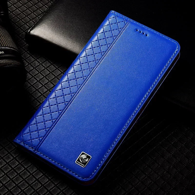 For OnePlus Nord 5 CE5 5G Flip Case Grid Pattern Magnetic Cover Luxury Cowhide Genuine Leather Card Pocket Wallet Cases Covers