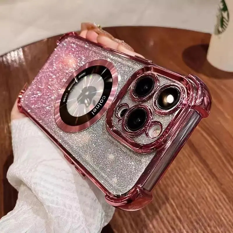 Luxury Magnetic Glitter Shockproof Case For iPhone 17 16 Pro Max 15 14 13 12 11 15 Plus Glass Lens Protection Acrylic Back Cover