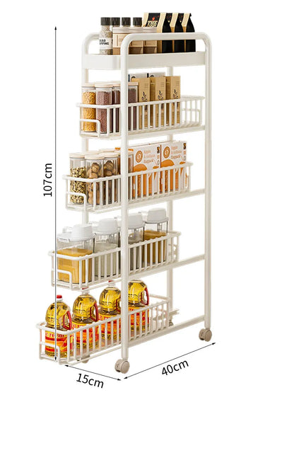 Side of Refrigerator Storage Rack Ultra Narrow Pull-out Seasoning Rack Multifunctional Bathroom Shelf with Pulley Kitchen Cart