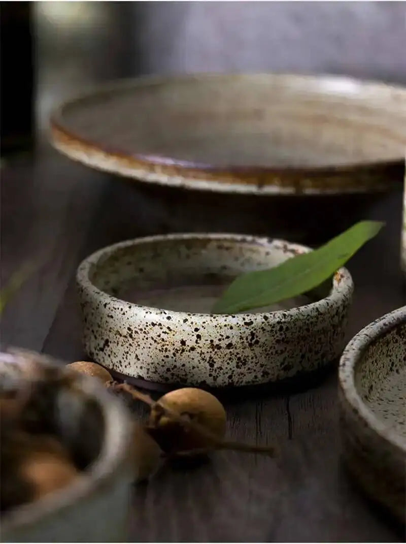 Retro Handmade Stoneware Rice Soup Bowl Tea Cup Round Steak Salad Dinner Plate Dishes Home Dining Dish Japanese Tableware Set