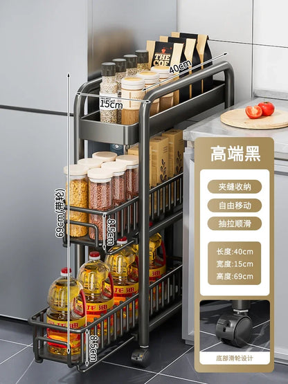 Side of Refrigerator Storage Rack Ultra Narrow Pull-out Seasoning Rack Multifunctional Bathroom Shelf with Pulley Kitchen Cart