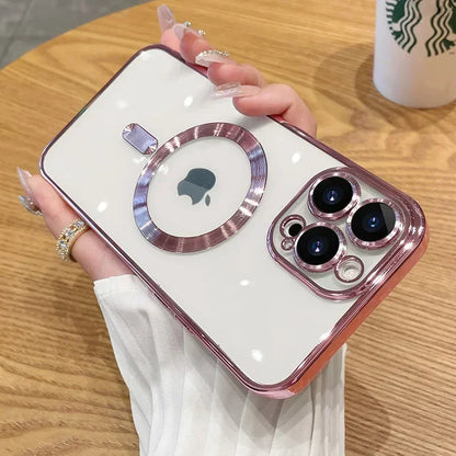 Luxury Plating Wireless Charging Case For Magsafe For iPhone 16 15 14 13 12 11 Pro Max Plus Magnetic Cover With Lens Protector
