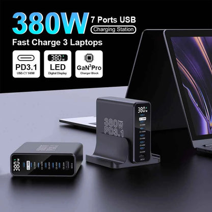Ubigbuy 380W GaN USB C Charger PD 3.1 140W 100W PPS 45W Fast Charging Station LCD Display for iPhone 15 Samsung MacBook Pro/Air