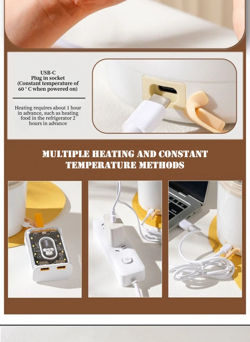 JUSTINLAU 600ML USB Electric Heating Lunch Box 304 Stainless Steel+PP Portable Food Warmer with Spoon for Working&camping Use