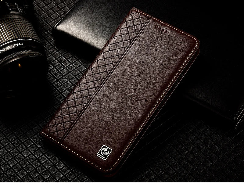 For OnePlus Nord 5 CE5 5G Flip Case Grid Pattern Magnetic Cover Luxury Cowhide Genuine Leather Card Pocket Wallet Cases Covers