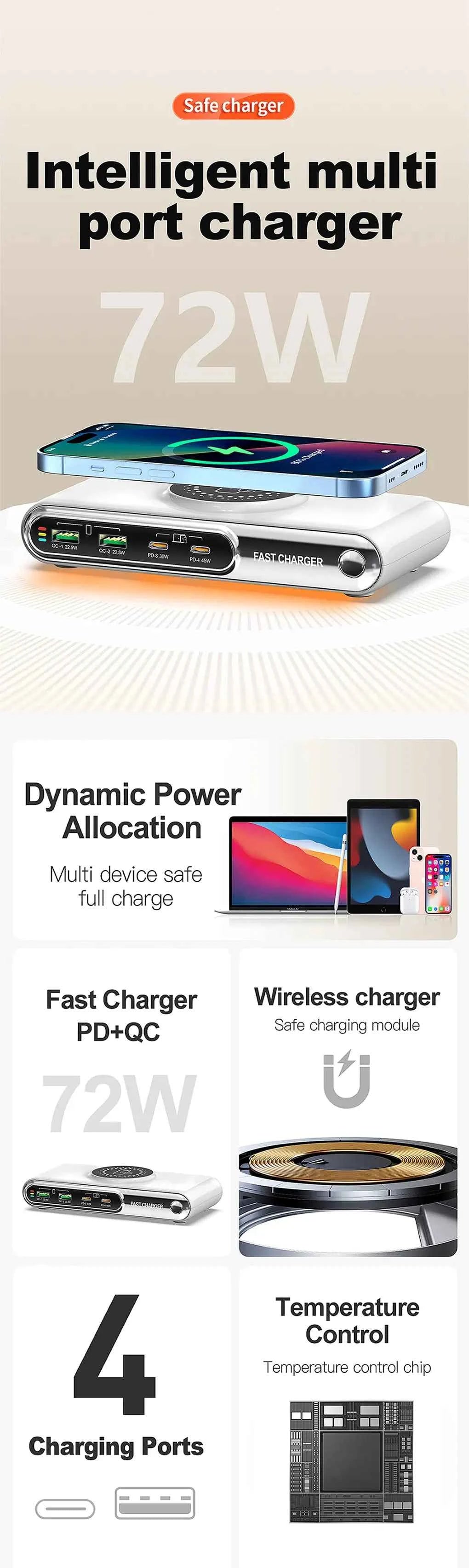72W 4 Port USB C PD QC Fast Charger Wireless Charging For Phone
